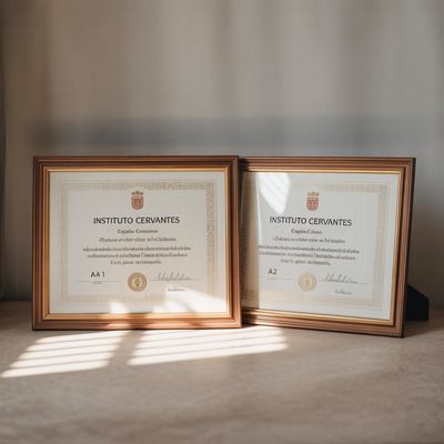 Two framed Instituto Cervantes certificates labeled AA1 and A2 on a beige surface.