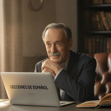 Hombre mayor sonriente tomando lecciones de español en su laptop.