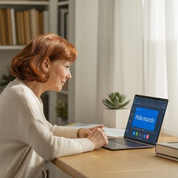 Woman learning Spanish on a laptop at home.