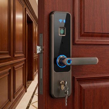 Modern smart door lock with fingerprint and key access on a wooden door.