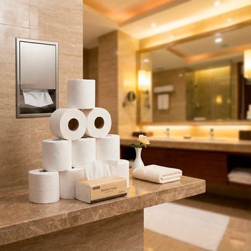 Stacked toilet paper rolls and tissues on a marble bathroom counter with a folded towel and flower.