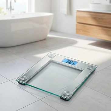 Modern glass bathroom scale showing weight 66.5 kg on tiled floor.