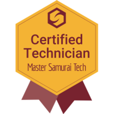 Certified Technician badge by Master Samurai Tech with a ribbon.