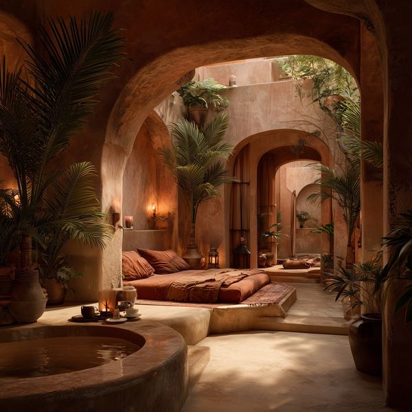 Warm, earthy bedroom with arches, lush plants, and a cozy bed near a round tub.