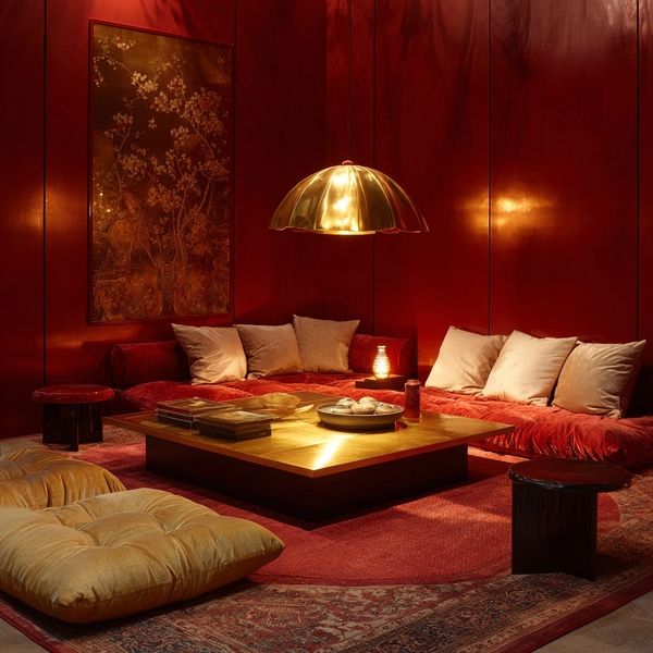 Cozy lounge with red walls, cushioned seating, and warm golden lighting.