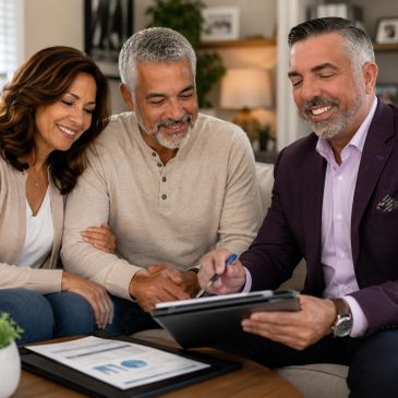 Trusted reverse mortgage loan officer consulting with older homeowners at home, representing compass