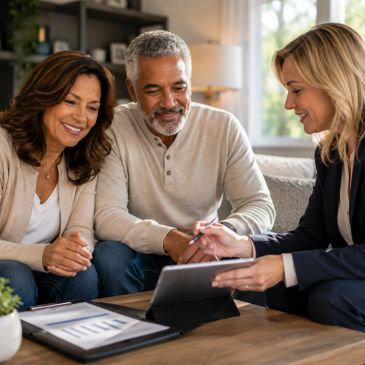 Older homeowners reviewing financial options with a professional advisor in a comfortable home setti