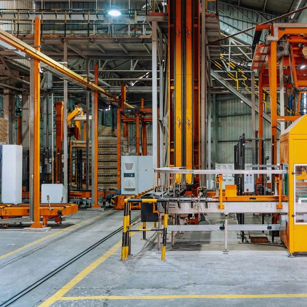Interior of an industrial warehouse with orange machinery and conveyor belts.