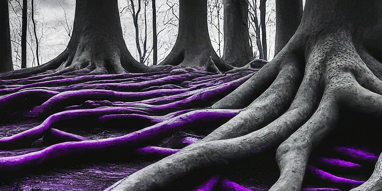 Giant tree roots with glowing purple highlights in a monochrome forest.
