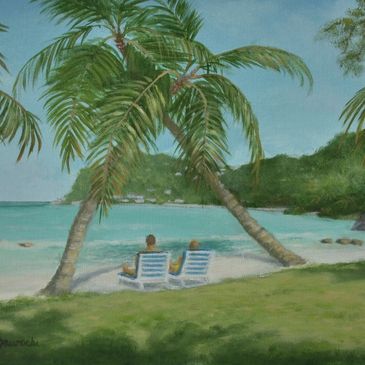 An original custom commissioned tropical beach painting from Alan Zawacki