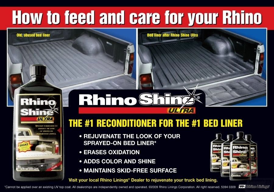 Rhino sprayed on liner care products, rhino shine, rhino color, restore, rhino linings of Bristol, 