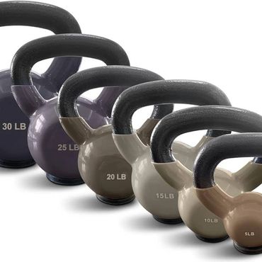 Set of kettlebells ranging from 5 to 30 pounds in neutral colors.