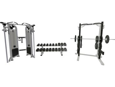 Modern gym setup with weights, a cable machine, and a squat rack.