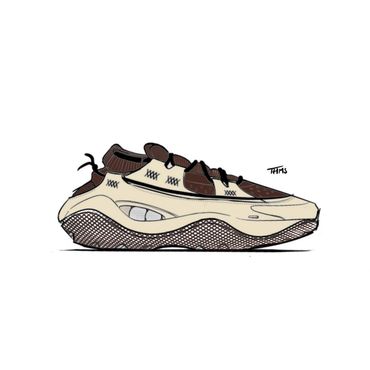 Stylish beige and brown sneaker with unique textured sole and intricate detailing.