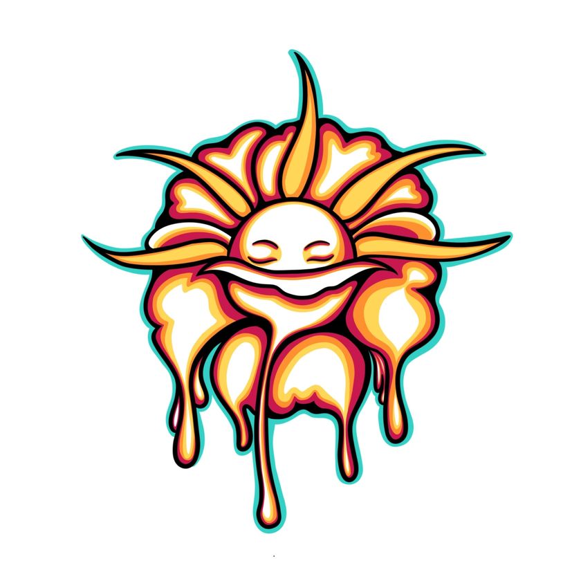 A melting sun with a smiling face in vibrant orange and yellow tones.