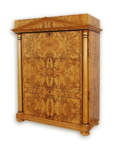 Item: ARM014 OPENED - Olive ash burl Biedeimeier style unit with black painted accents.