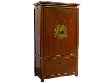 Item: ARM012 - Walnut Asian style armoire with antique brass faceplate.