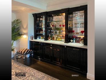 High gloss paint, Starphire glass, Mirror, Stone top Traditional style unit.