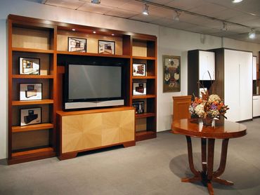 A television and shelves