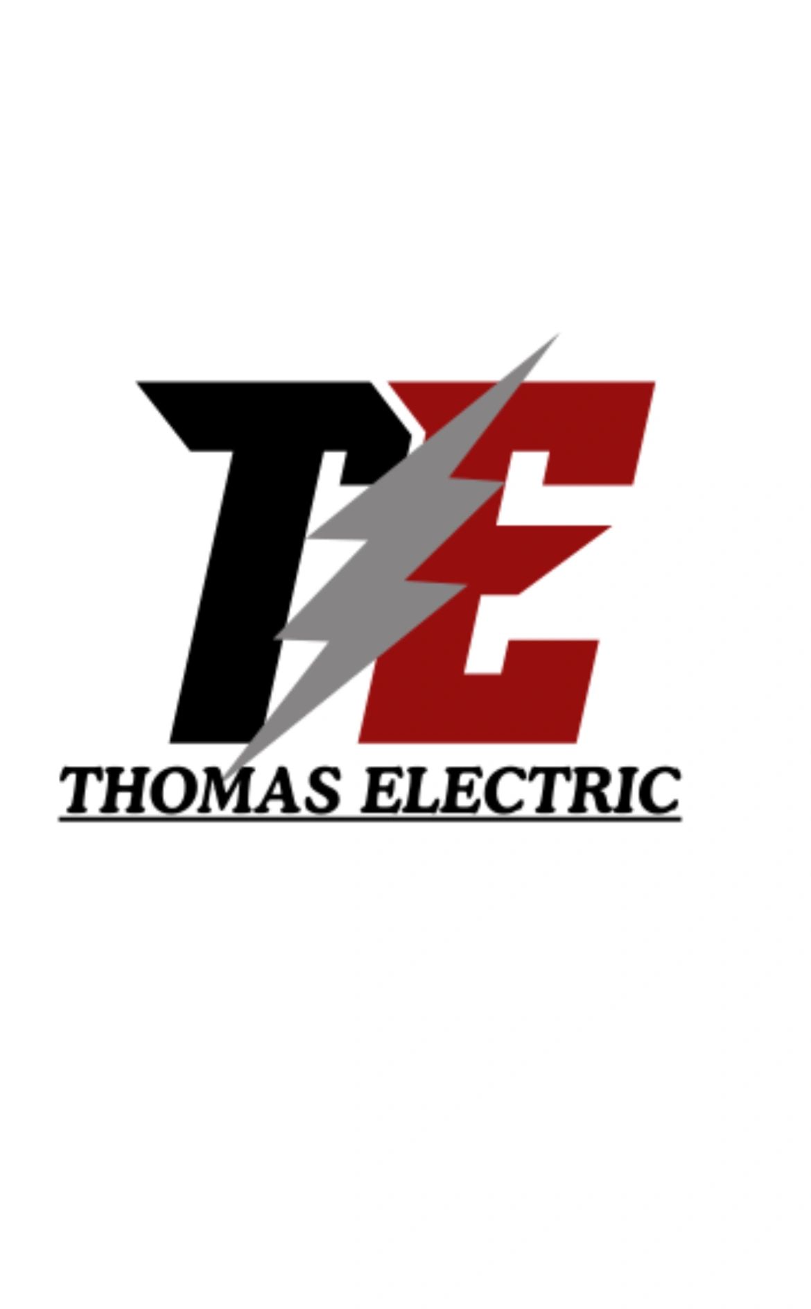 Logo with black and red letters 'TE' and a gray lightning bolt, labeled 'Thomas Electric'.