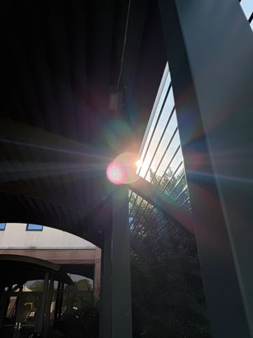 Sunlight peeks through a modern pergola structure casting rays and lens flare.