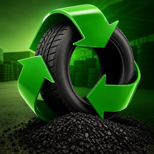 Recycling symbol wrapping a car tire on black rubber granules.