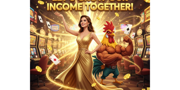 Casino-themed promo with a glamorous woman and muscular rooster inviting to grow income.