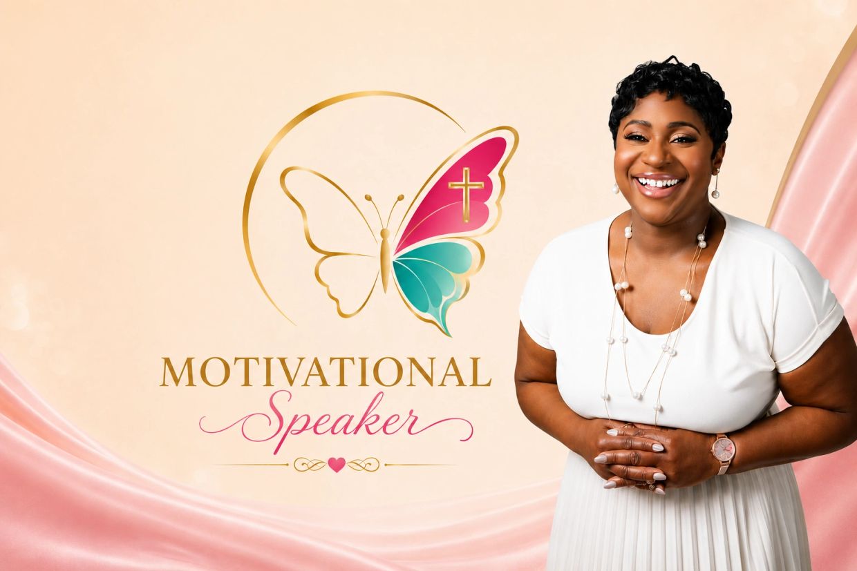Smiling motivational speaker standing beside a butterfly logo with faith symbols.