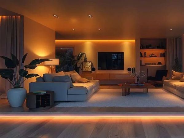 Modern living room with warm lighting and large windows.
