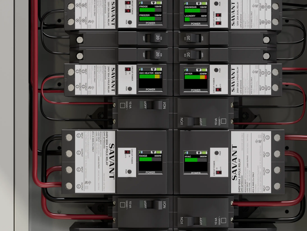 Digital electrical breaker panel displaying power usage.