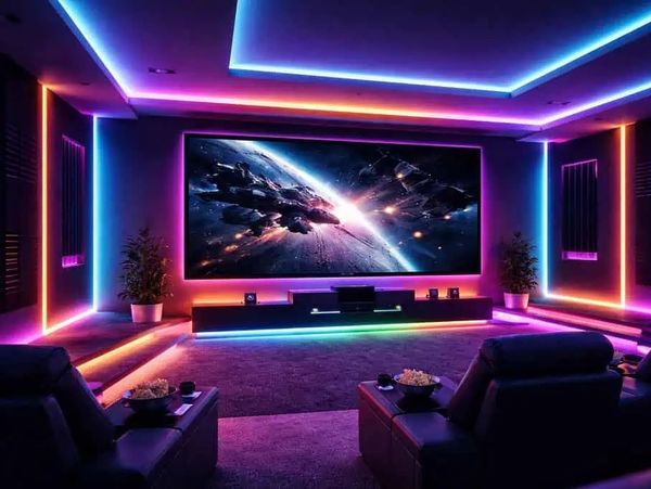 Modern home theater with vibrant neon lights.