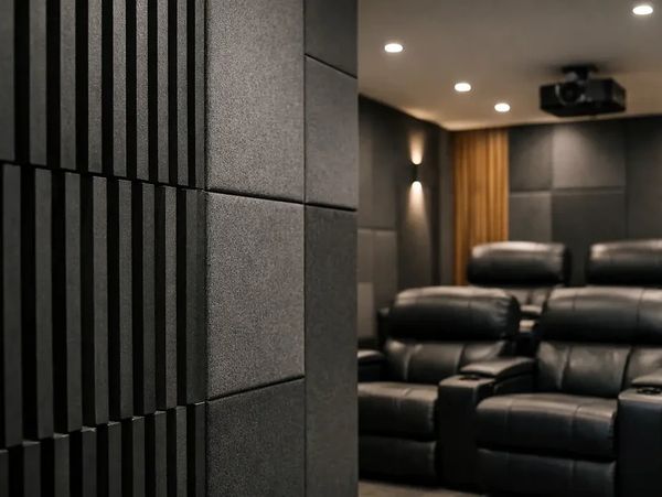 Modern home theater room with black leather recliners.