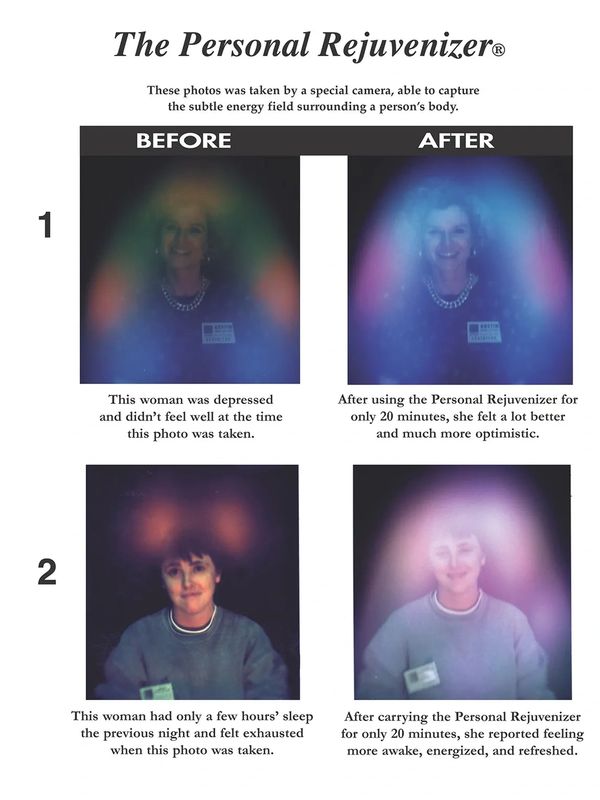 Before and after photos show improved energy fields and mood after using the Personal Rejuvenizer.