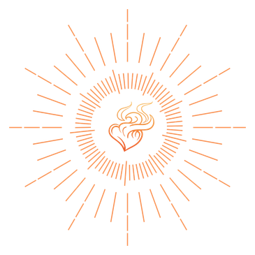 Orange sunburst logo with a coffee cup in the center and circular text.