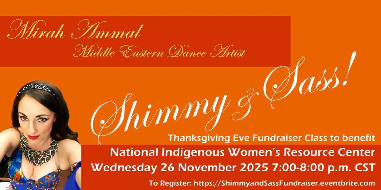 Mirah on an orange background. Text reads: Shimmy and Sass Thanksgiving Eve fundraiser class to bene