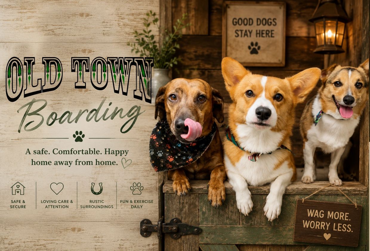 Three dogs relaxing in a rustic boarding space, representing safe and loving pet care.