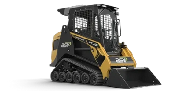 Compact ASV RT-40 track loader with front bucket attachment.