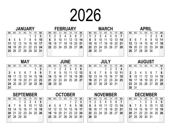 A 2026 calendar displaying all months and dates in a clean layout.