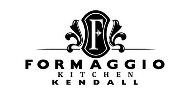 Text in black spelling Formaggio Kitchen Kendall with black scrollwork letter F logo in a shield