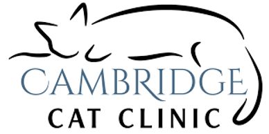 Text spelling Cambridge Cat Clinic with a curved line drawing of a cat silhouette sitting on top.