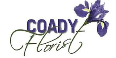 Text spelling Coady Florist with the letter T blooming into a purple iris.