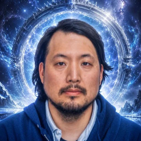 Portrait of a man with cosmic background and glowing circular structure.