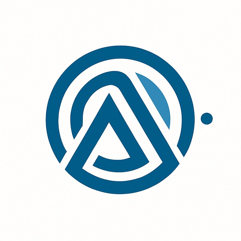 Blue abstract geometric logo with triangular and circular shapes.