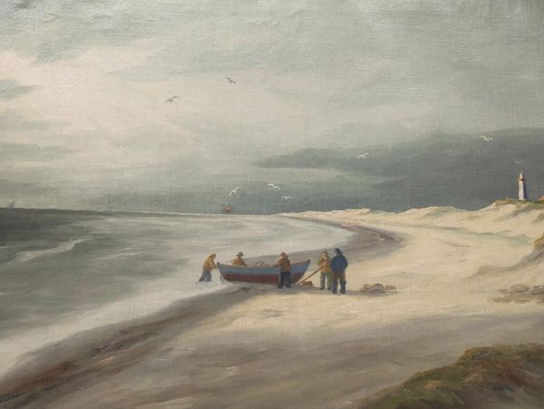 Fishermen launching a boat on a cloudy beach near a lighthouse.