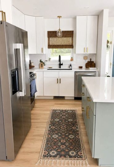 Modern kitchen with white cabinets and patterned rug.
