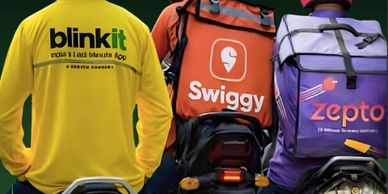 Delivery riders from Blinkit, Swiggy, and Zepto on motorcycles.