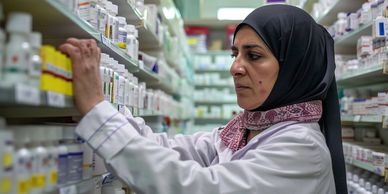 A female pharmacist organizing medicine bottles on shelves.