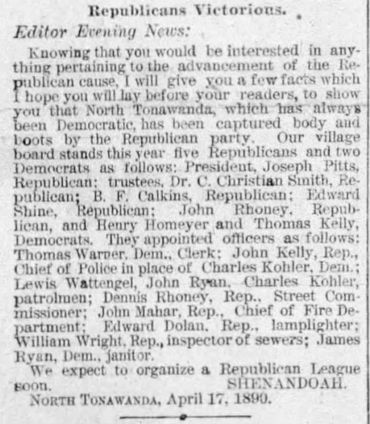 Clipping of April 1890 Evening News noting John Kelly replacing Charles Koehler as Chief of Police. 