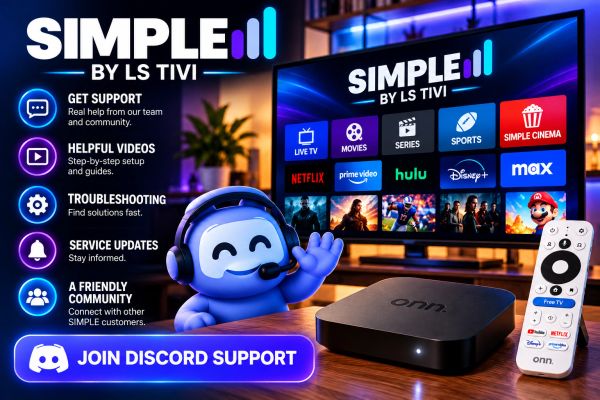 SIMPLE by LS TIVI streaming device with support and app options.