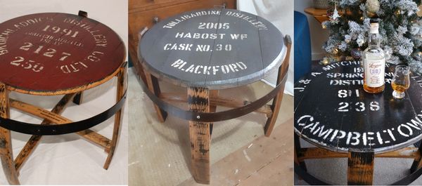3 tables made from whisky barrel distillery branded tops by wee dram barrel creations